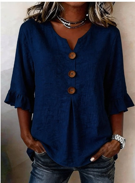 Claudette | Linen Blend Button Detail Ruffle Blouse