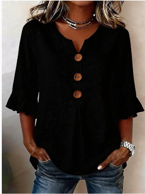 Claudette | Linen Blend Button Detail Ruffle Blouse