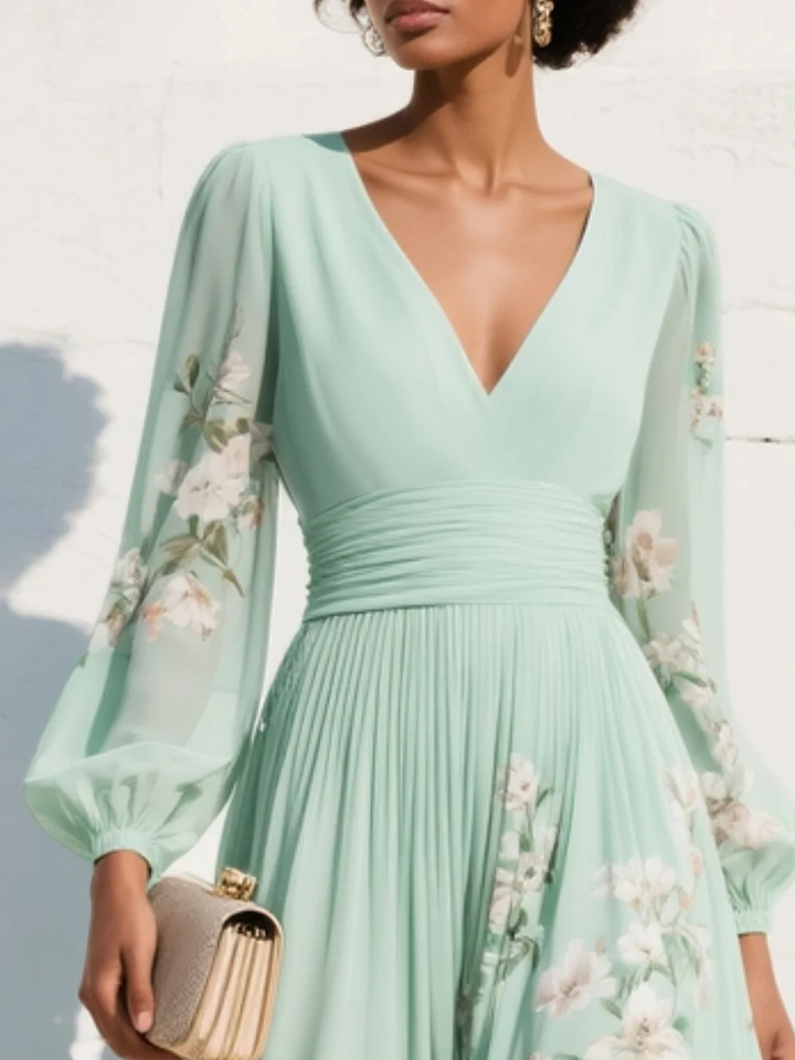 Alicy | Light Green V-Neck Chiffon Pleated Floral Midi Dress