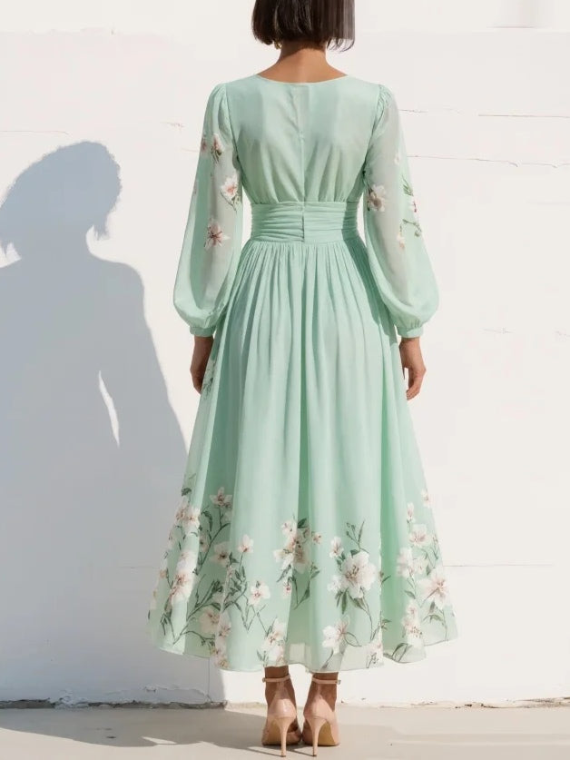 Alicy | Light Green V-Neck Chiffon Pleated Floral Midi Dress