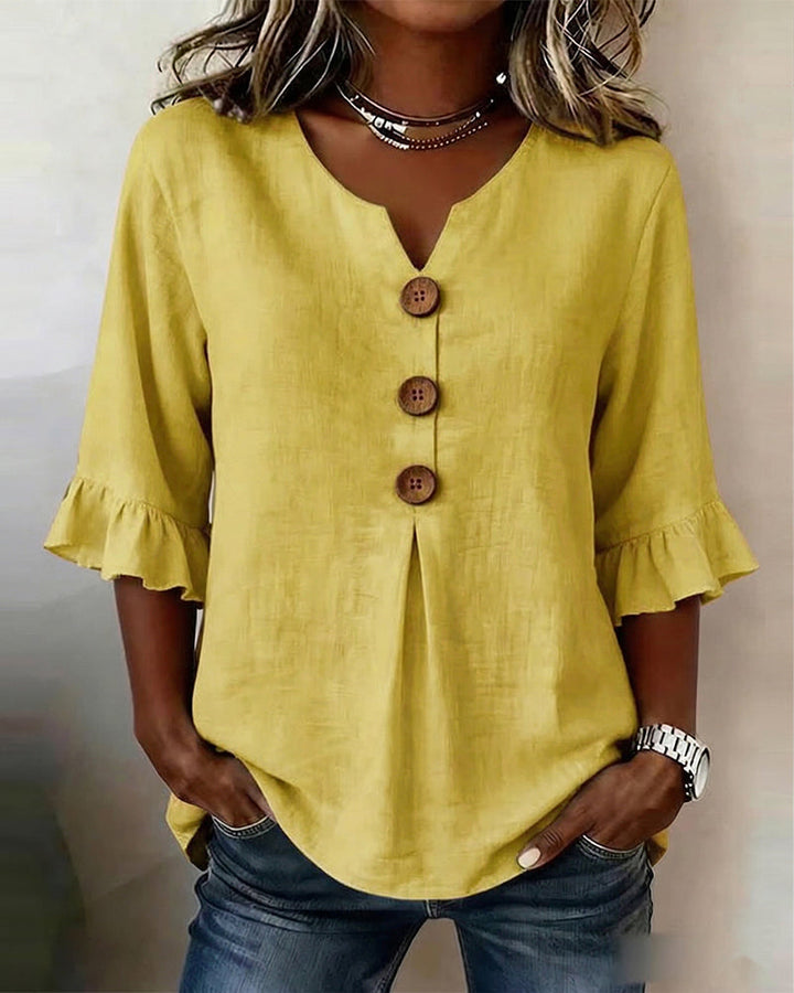 Claudette | Linen Blend Button Detail Ruffle Blouse