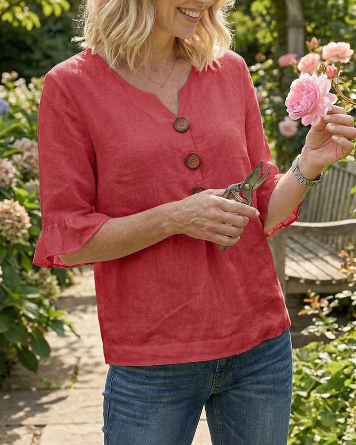 Claudette | Linen Blend Button Detail Ruffle Blouse