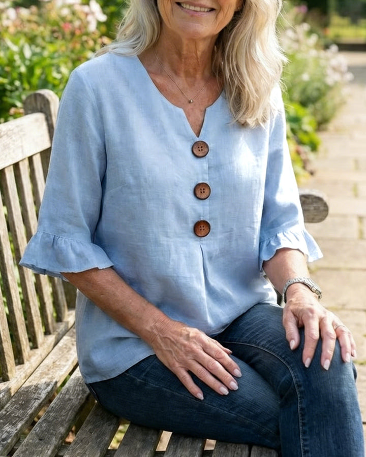 Claudette | Linen Blend Button Detail Ruffle Blouse