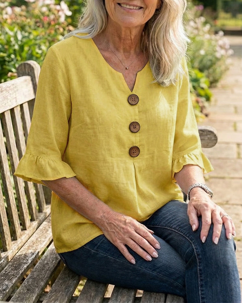 Claudette | Linen Blend Button Detail Ruffle Blouse