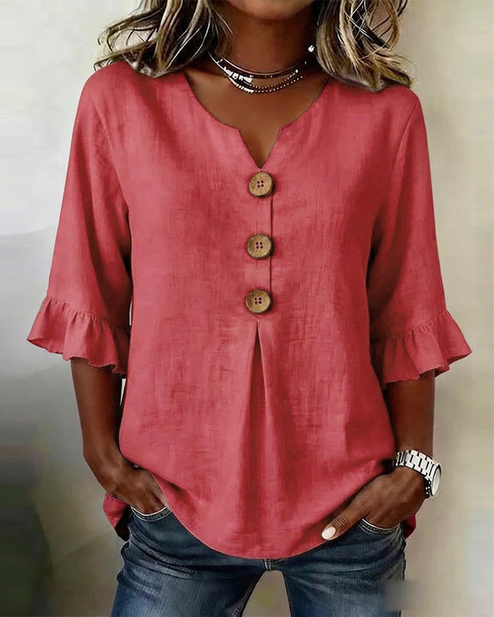 Claudette | Linen Blend Button Detail Ruffle Blouse