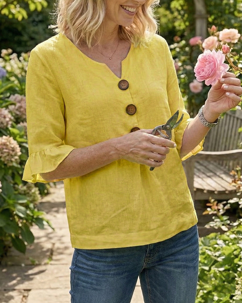 Claudette | Linen Blend Button Detail Ruffle Blouse
