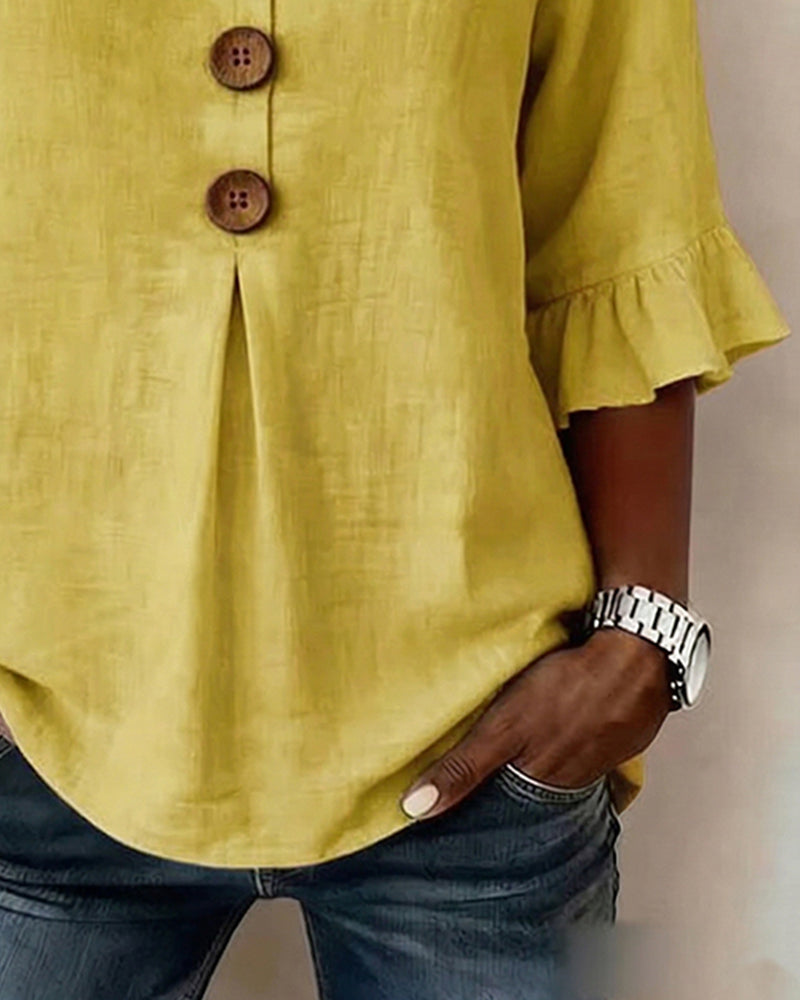 Claudette | Linen Blend Button Detail Ruffle Blouse