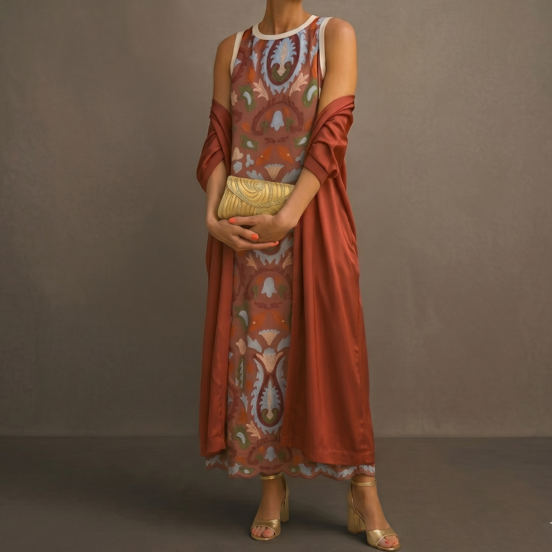 Celestine | Elegant Printed Maxi Dress & Vest Set