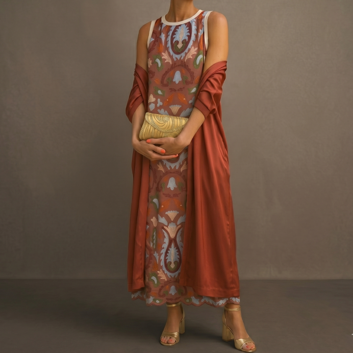 Celestine | Elegant Printed Maxi Dress & Vest Set