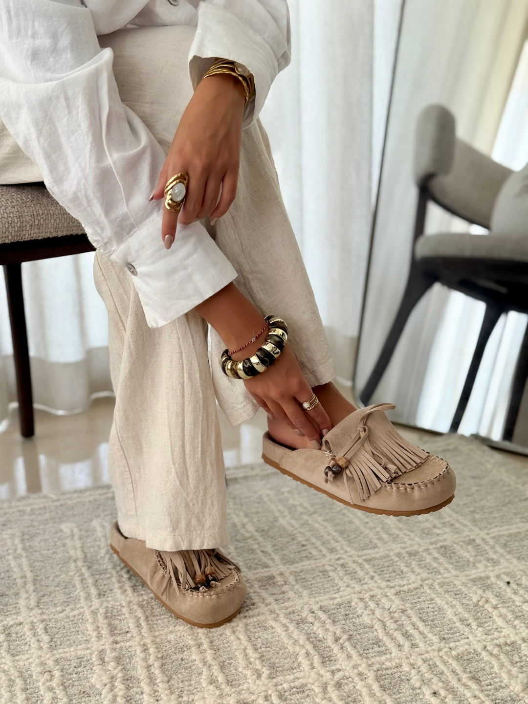 Marielle | Suede-Style Fringed Slip-On Mules
