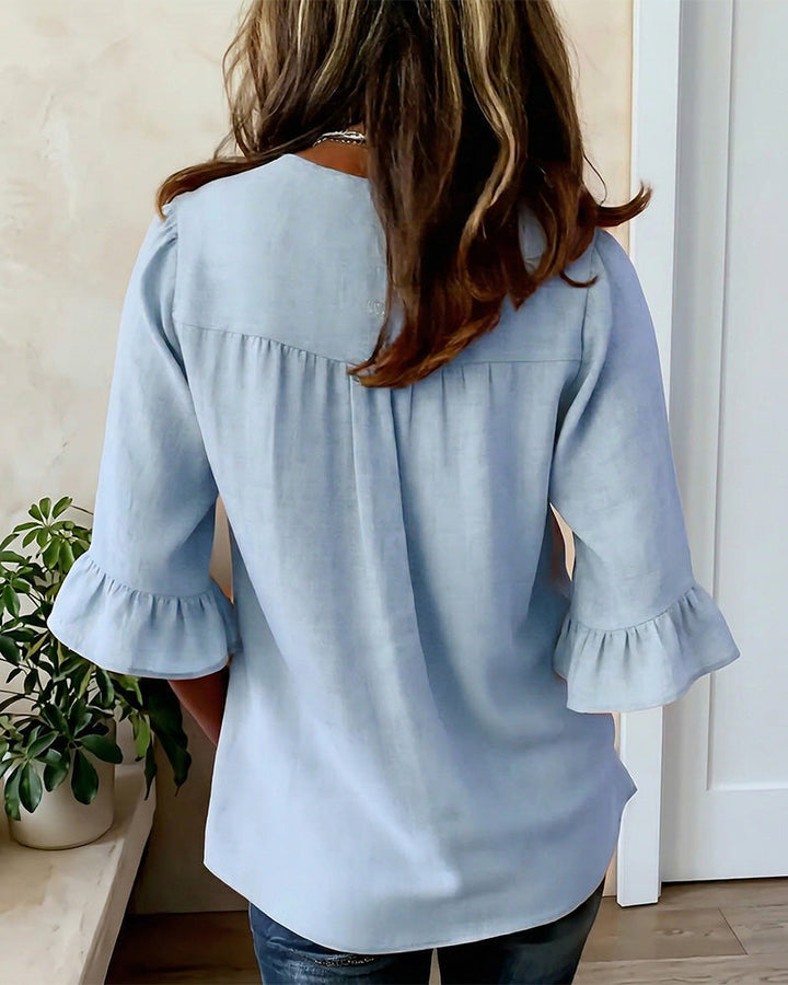 Claudette | Linen Blend Button Detail Ruffle Blouse